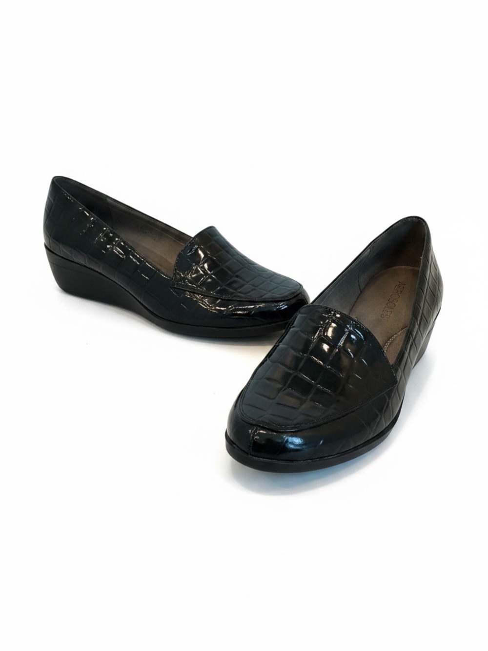 Aerosoles True Match Black Croc Embossed Patent Wedge Loafers 8.5